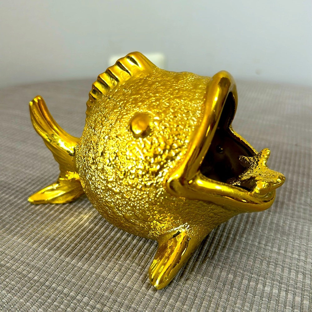 Vintage Gold Ceramic Fish Ashtray or Trinket Bowl, Mid Century